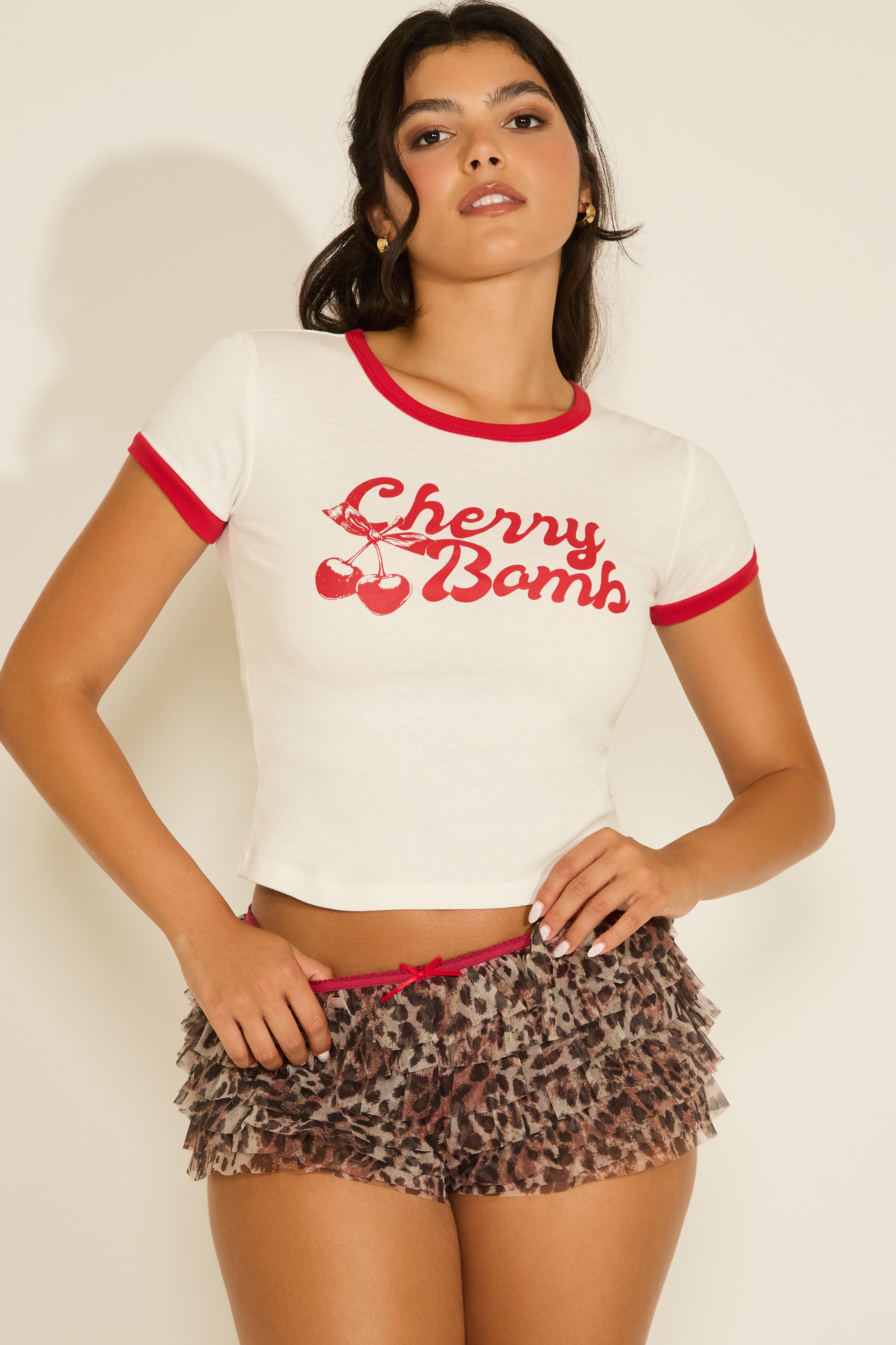 LEOPARD LACE TRIM BOW DETAIL PLEATED MINI SHORT