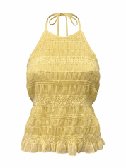 Ghost mannequin product image of a yellow SMOCKED TEXTURED OPEN BACK TIE NECK TOP on a white background.