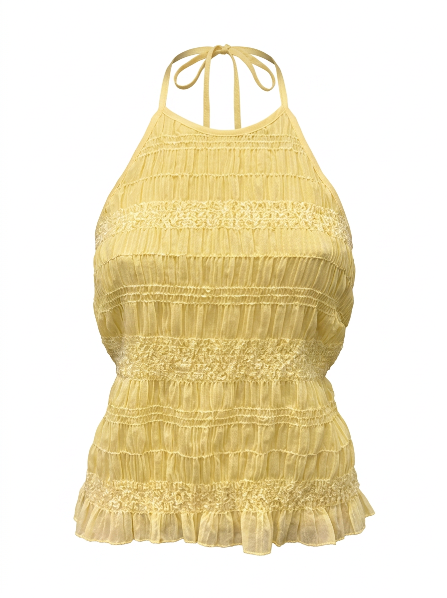 Ghost mannequin product image of a yellow SMOCKED TEXTURED OPEN BACK TIE NECK TOP on a white background.