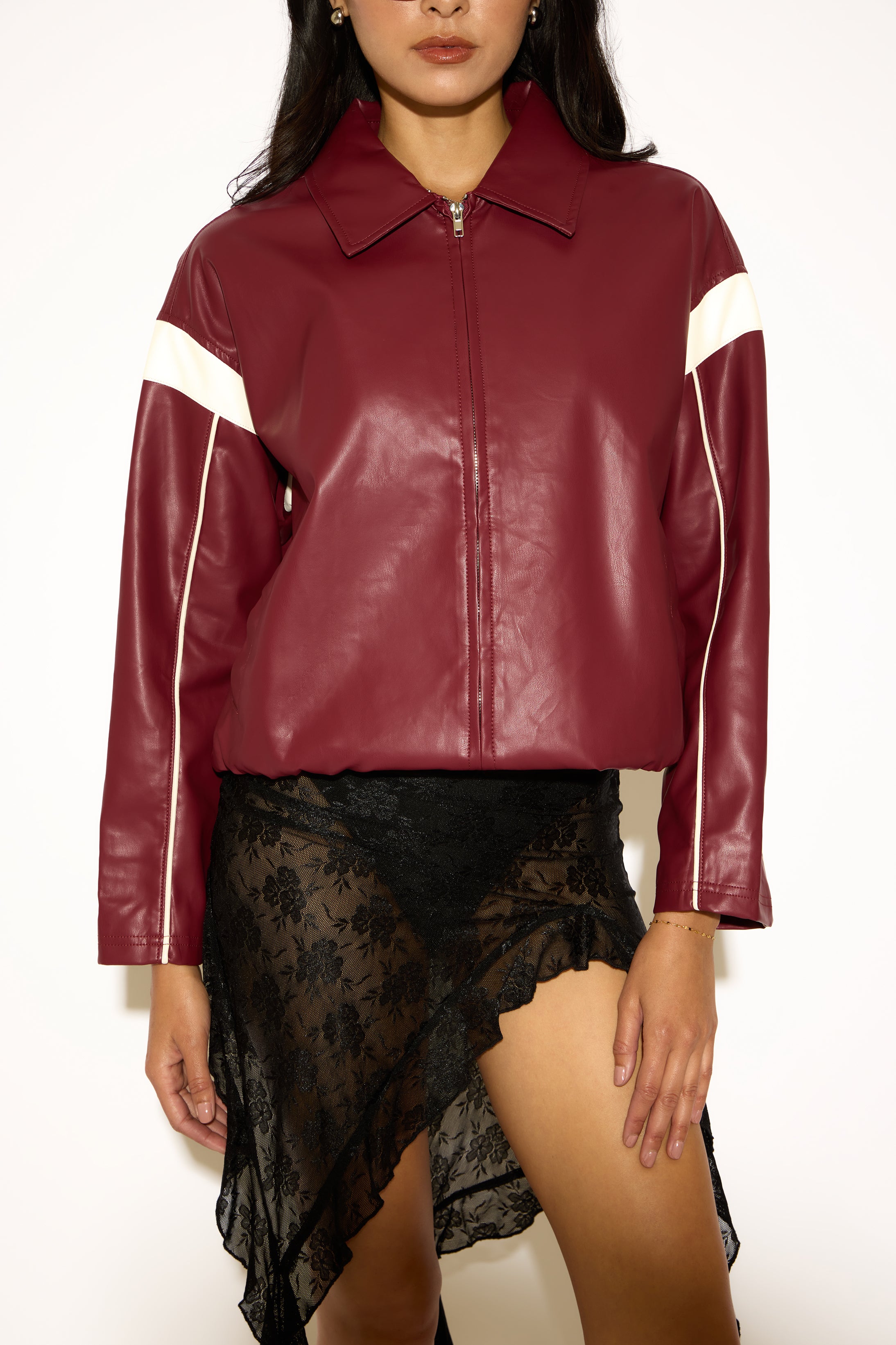 CONTRAST STRIPE & PIPING VEGAN LEATHER JACKET