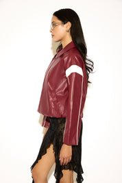 CONTRAST STRIPE & PIPING VEGAN LEATHER JACKET
