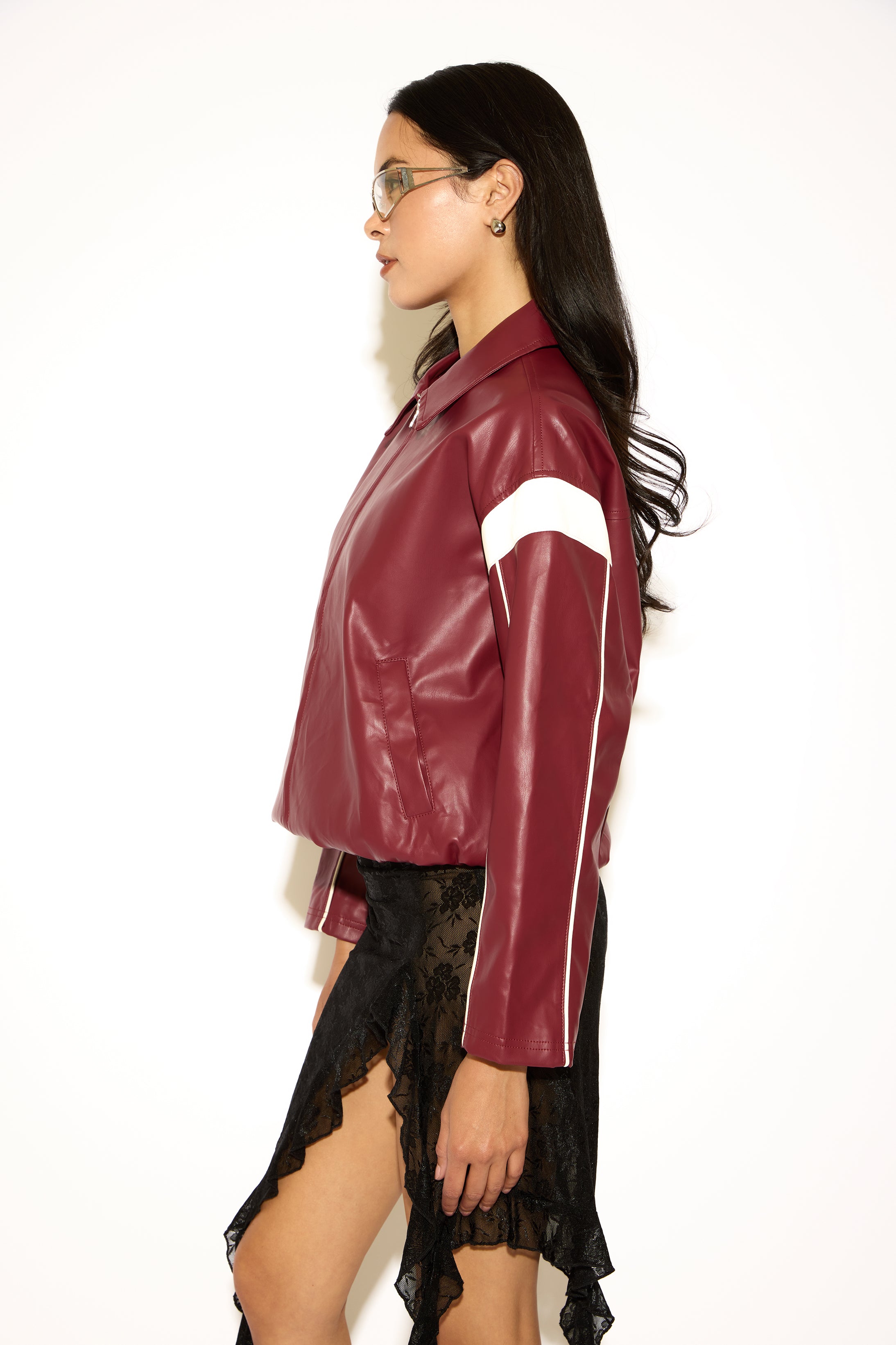 CONTRAST STRIPE & PIPING VEGAN LEATHER JACKET