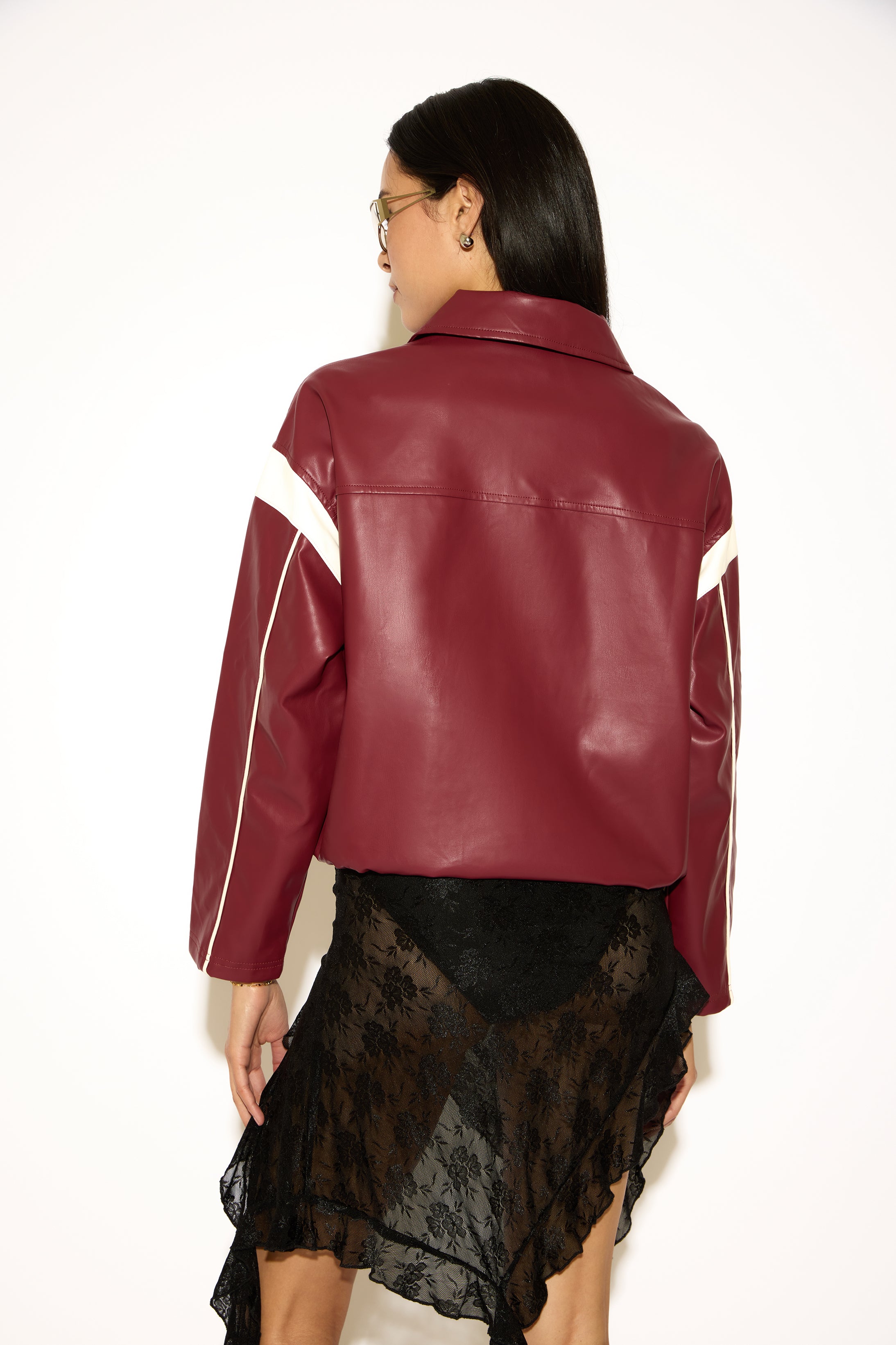 CONTRAST STRIPE & PIPING VEGAN LEATHER JACKET