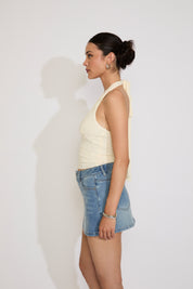TEXTURED HALTER NECK TOP WITH DEEP V KEYHOLE