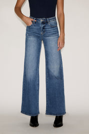 ACID WASHED HIGH RISE WIDE LEG DENIM PANT