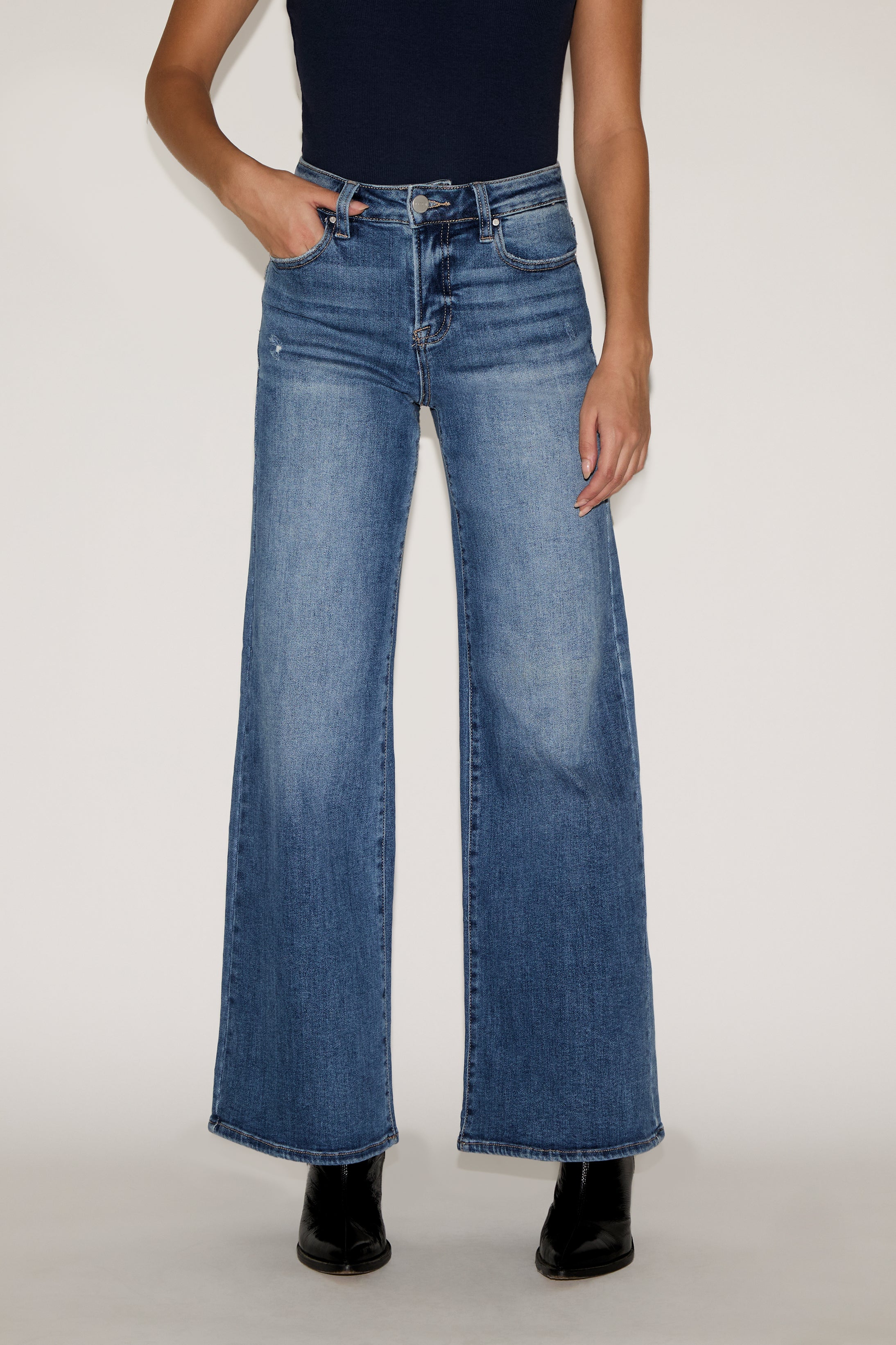 ACID WASHED HIGH RISE WIDE LEG DENIM PANT