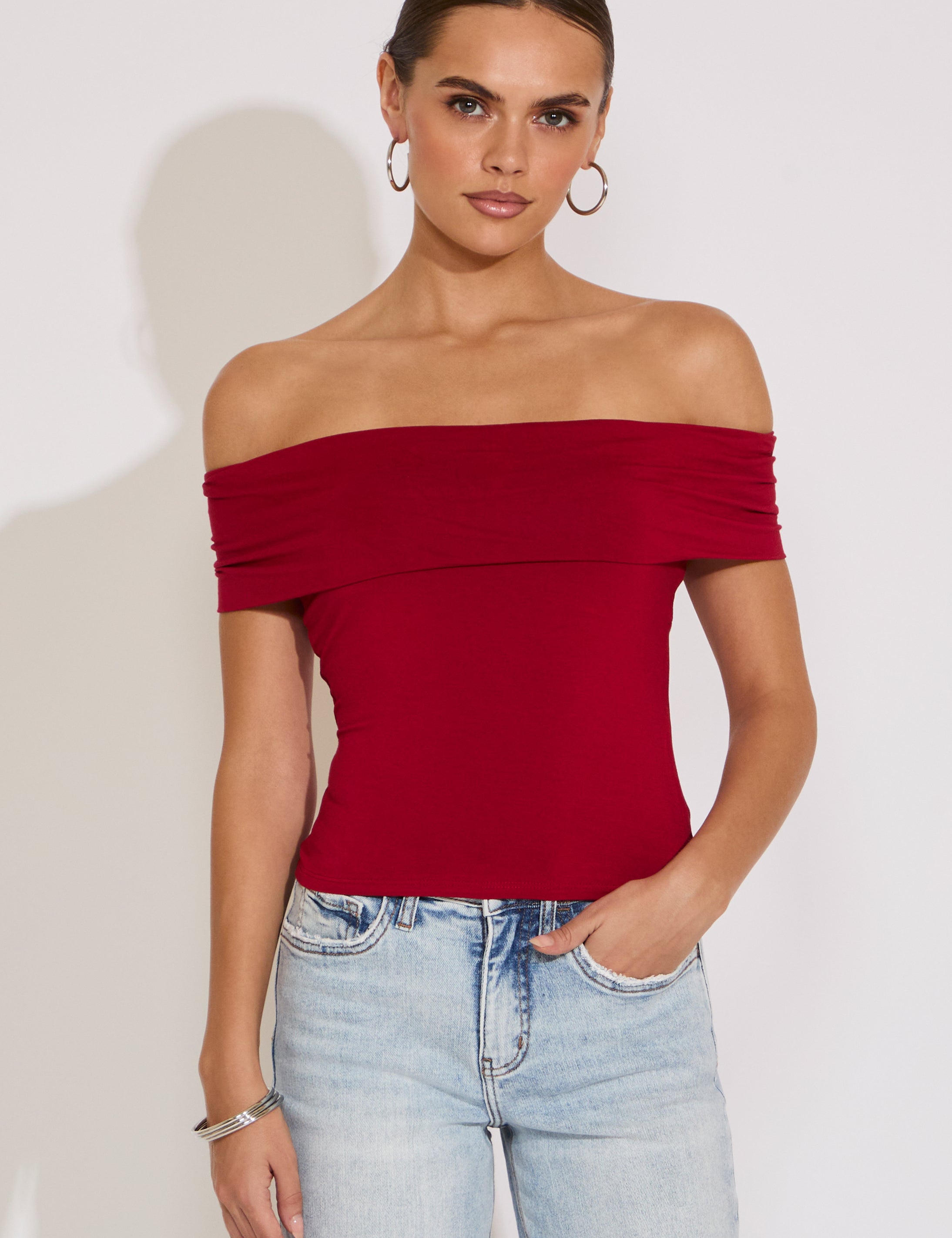 FOLD OVER OFF SHOULDER BODYCON TOP
