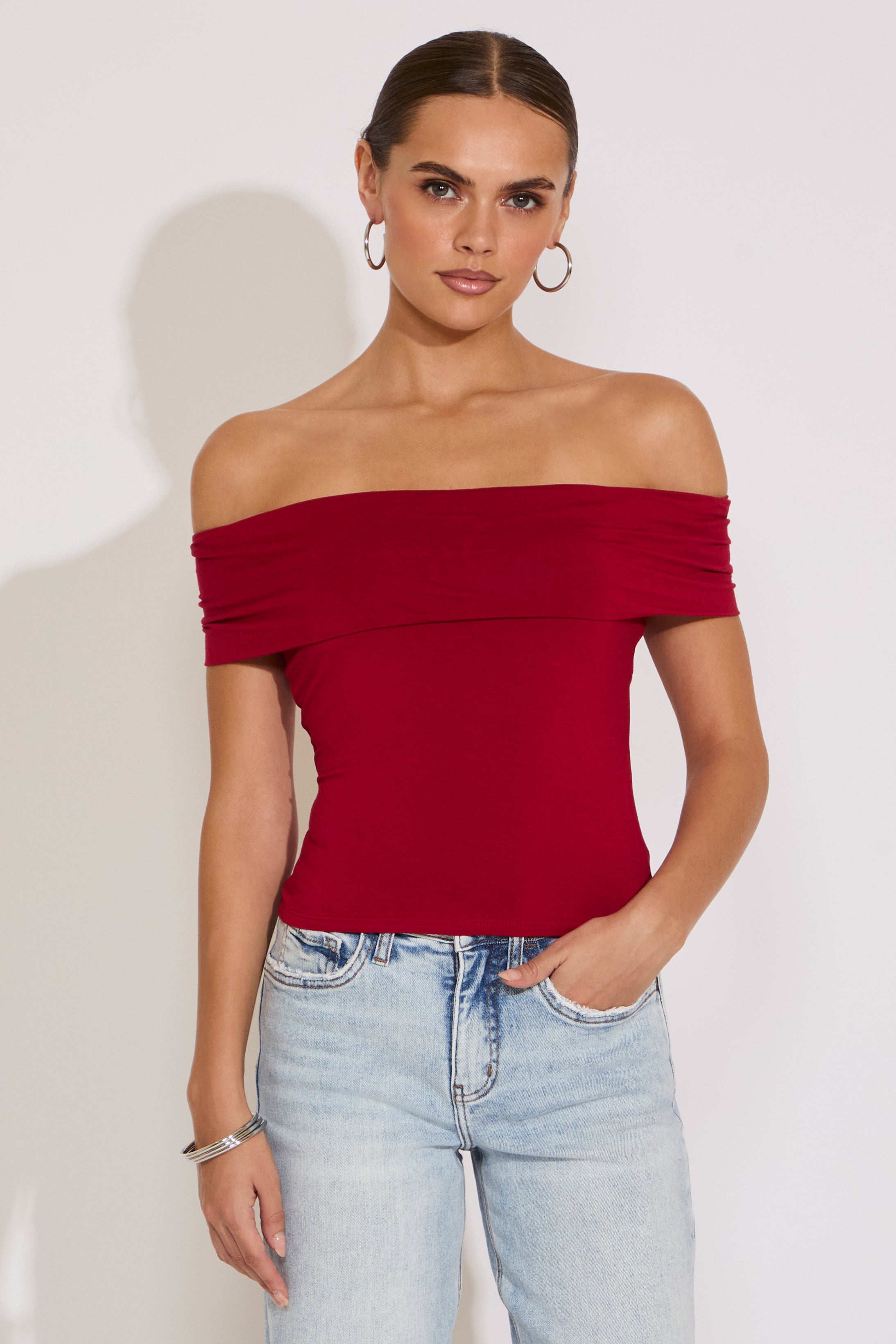 FOLD OVER OFF SHOULDER BODYCON TOP