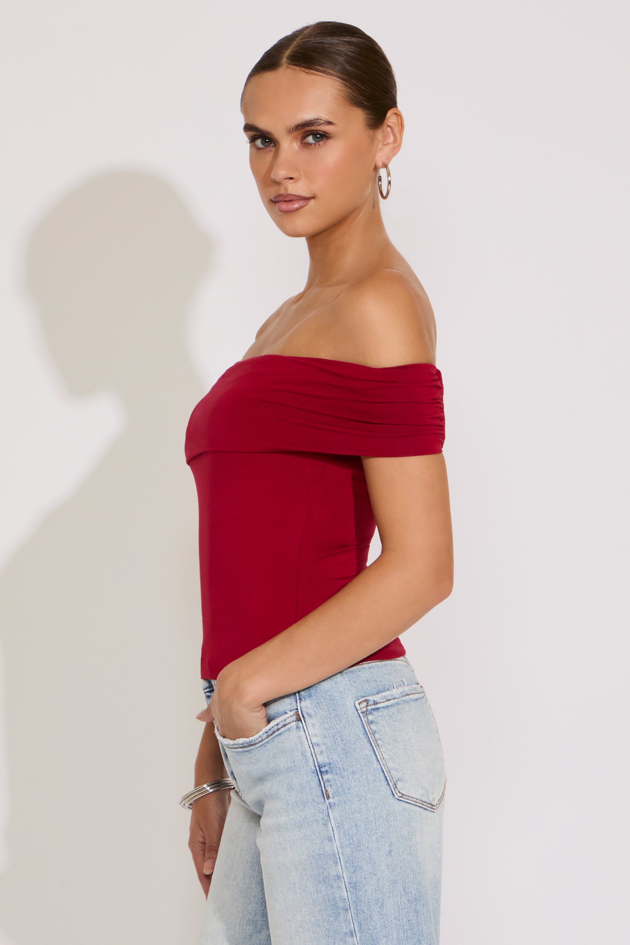 FOLD OVER OFF SHOULDER BODYCON TOP