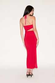 TIE NECK MIDDLE CUTOUT SLINKY MAXI DRESS