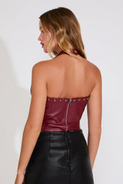 VEGAN LEATHER BUSTIER HALTER CROP TOP