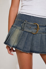 ACID WASHED PLEATED DENIM MINI SKIRT WITH LOW BELT