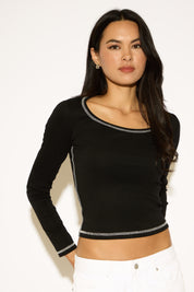 SCOOP NECK CONTRAST STITCHING LONG SLEEVE TOP