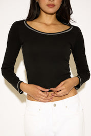 SCOOP NECK CONTRAST STITCHING LONG SLEEVE TOP