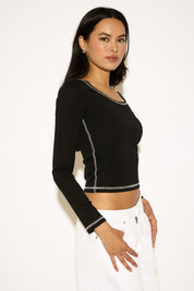 SCOOP NECK CONTRAST STITCHING LONG SLEEVE TOP
