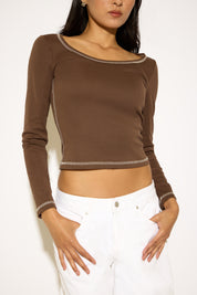 SCOOP NECK CONTRAST STITCHING LONG SLEEVE TOP