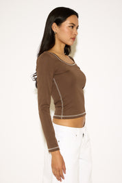 SCOOP NECK CONTRAST STITCHING LONG SLEEVE TOP