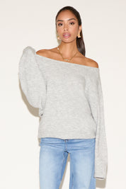 BOAT NECK RIBBED EDGING HEATHERED SWEATER