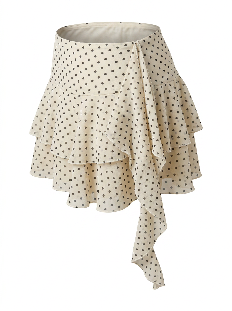 Ghost mannequin photo of a cream POLKA DOT TIERED RUFFLE SKORT on a white background. 