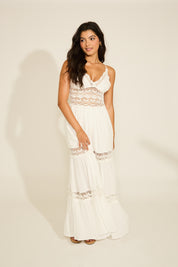 V-NECK LACE TORSO TIERED MAXI DRESS
