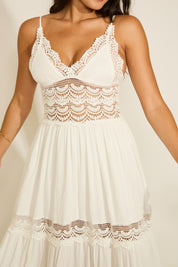 V-NECK LACE TORSO TIERED MAXI DRESS