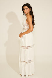 V-NECK LACE TORSO TIERED MAXI DRESS