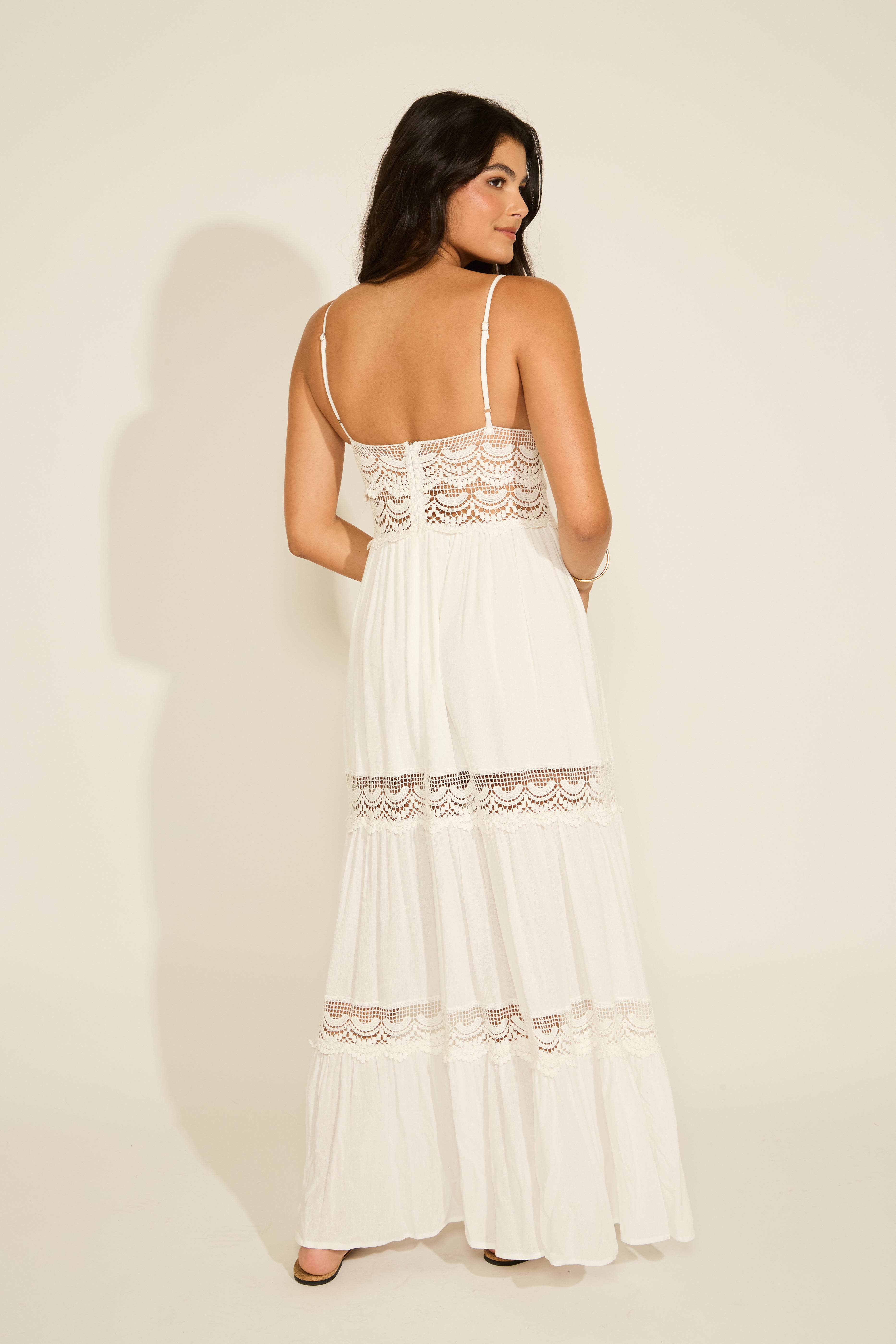 V-NECK LACE TORSO TIERED MAXI DRESS
