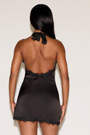 TIE NECK LACE TRIM SATIN SLIP MINI DRESS