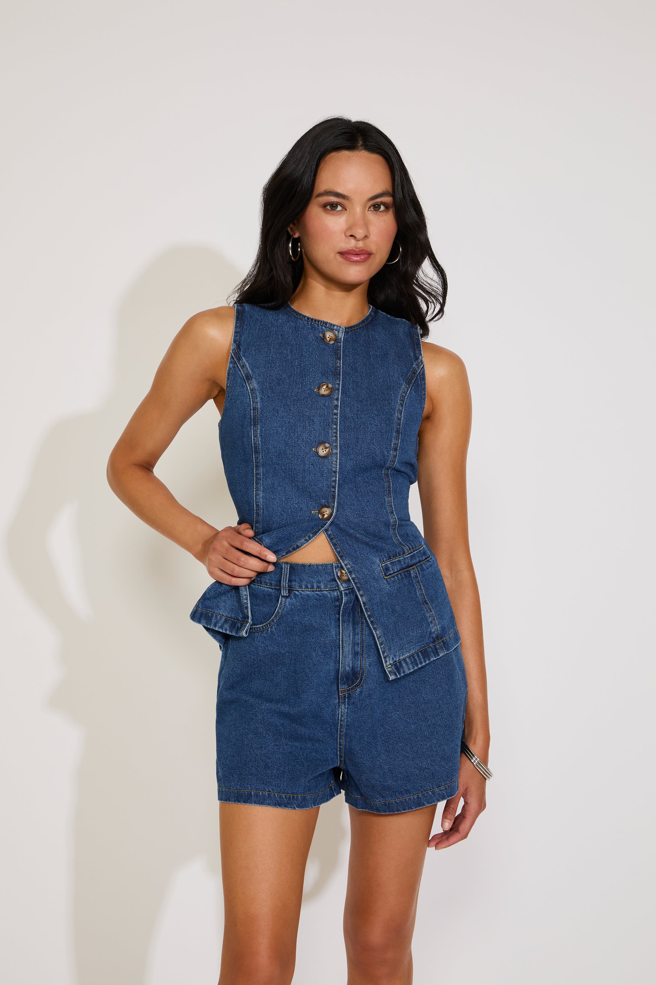 DENIM BUTTON UP VEST TOP & SHORTS SET
