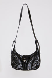 STUDDED VEGAN LEATHER SHOULDER BAG WITH BELT CLOSURE