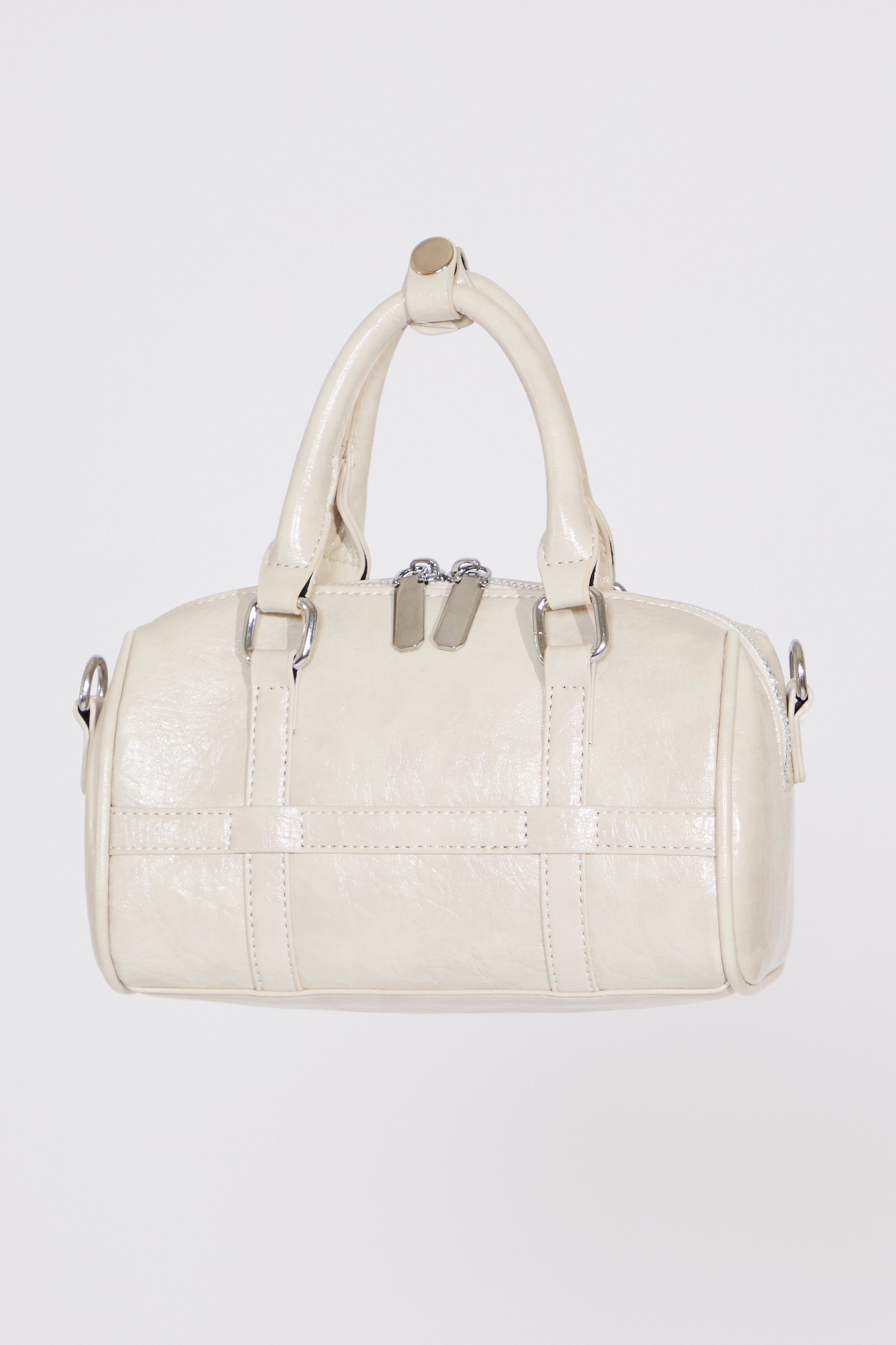VEGAN LEATHER DUAL ZIP MULTI STRP BOWLER BAG