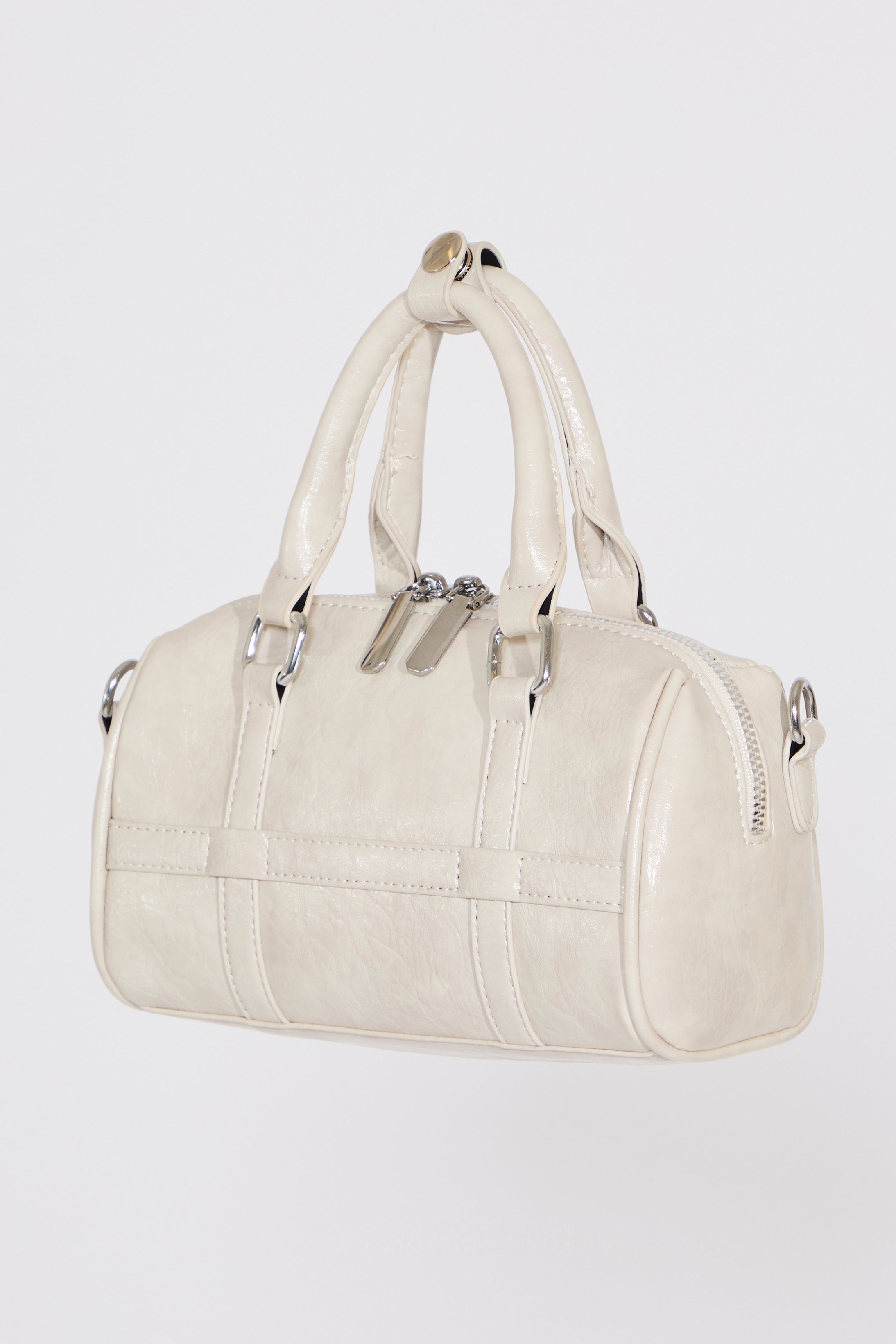 VEGAN LEATHER DUAL ZIP MULTI STRP BOWLER BAG