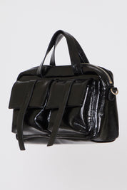 VEGAN LEATHER HANDBAG W OUTER FLAP POCKETS