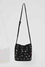 GROMMET DTL CROSSBODY VEGAN LEATHER BUCKET BAG