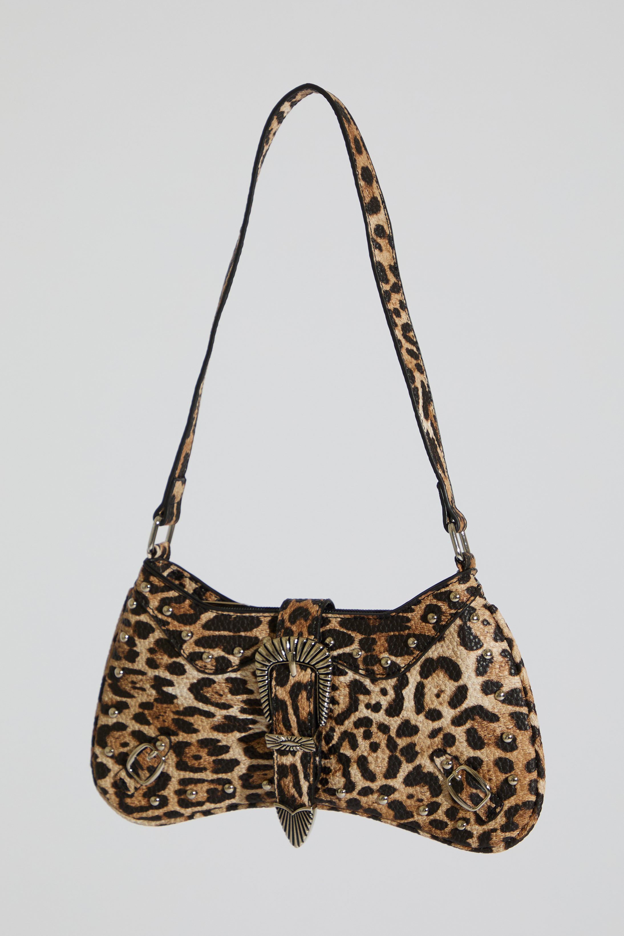 M SHAPE LEOPARD PRINT SHOULDER BAG WITH BUCKLE DETAIL