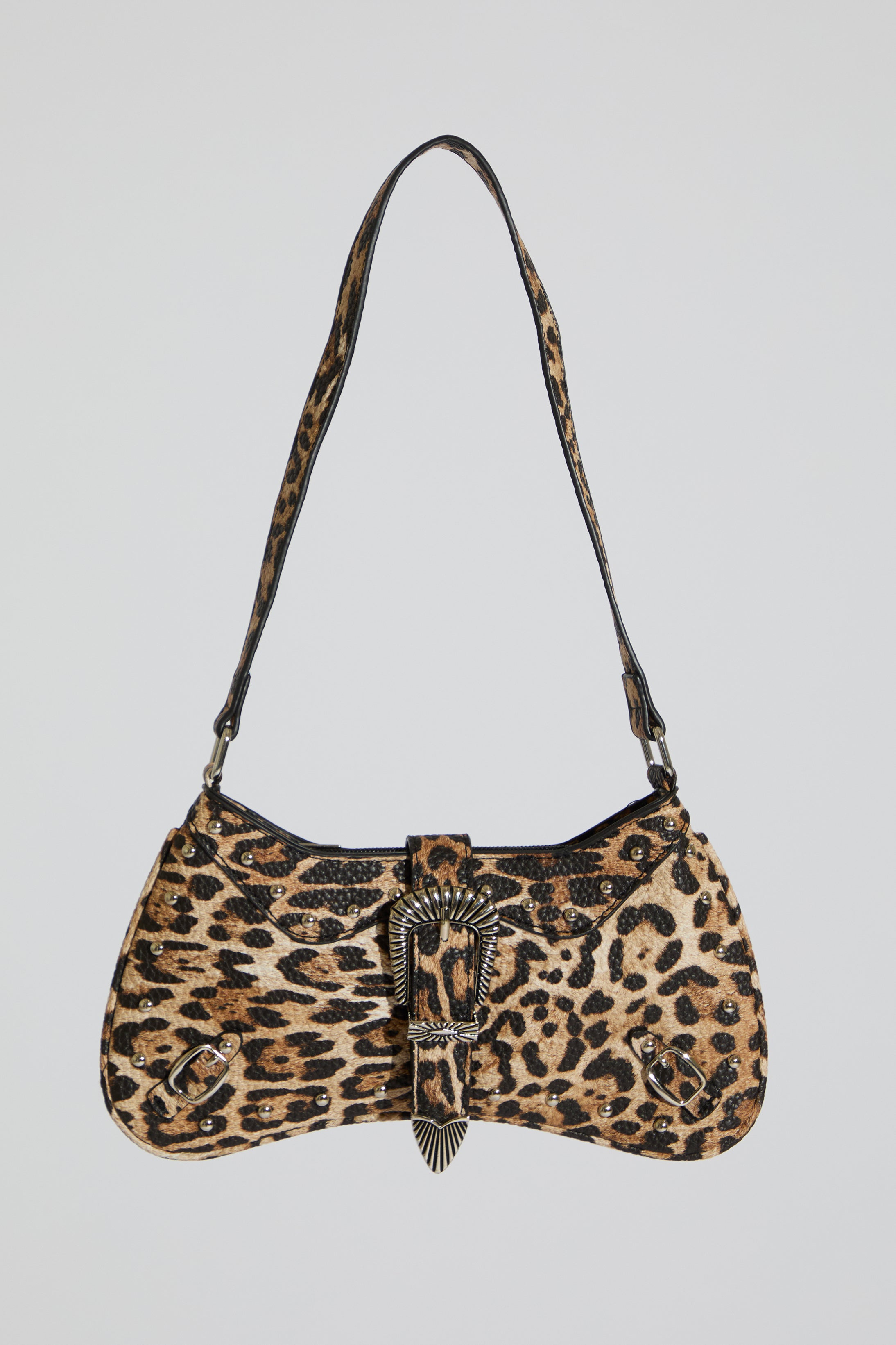 M SHAPE LEOPARD PRINT SHOULDER BAG WITH BUCKLE DETAIL