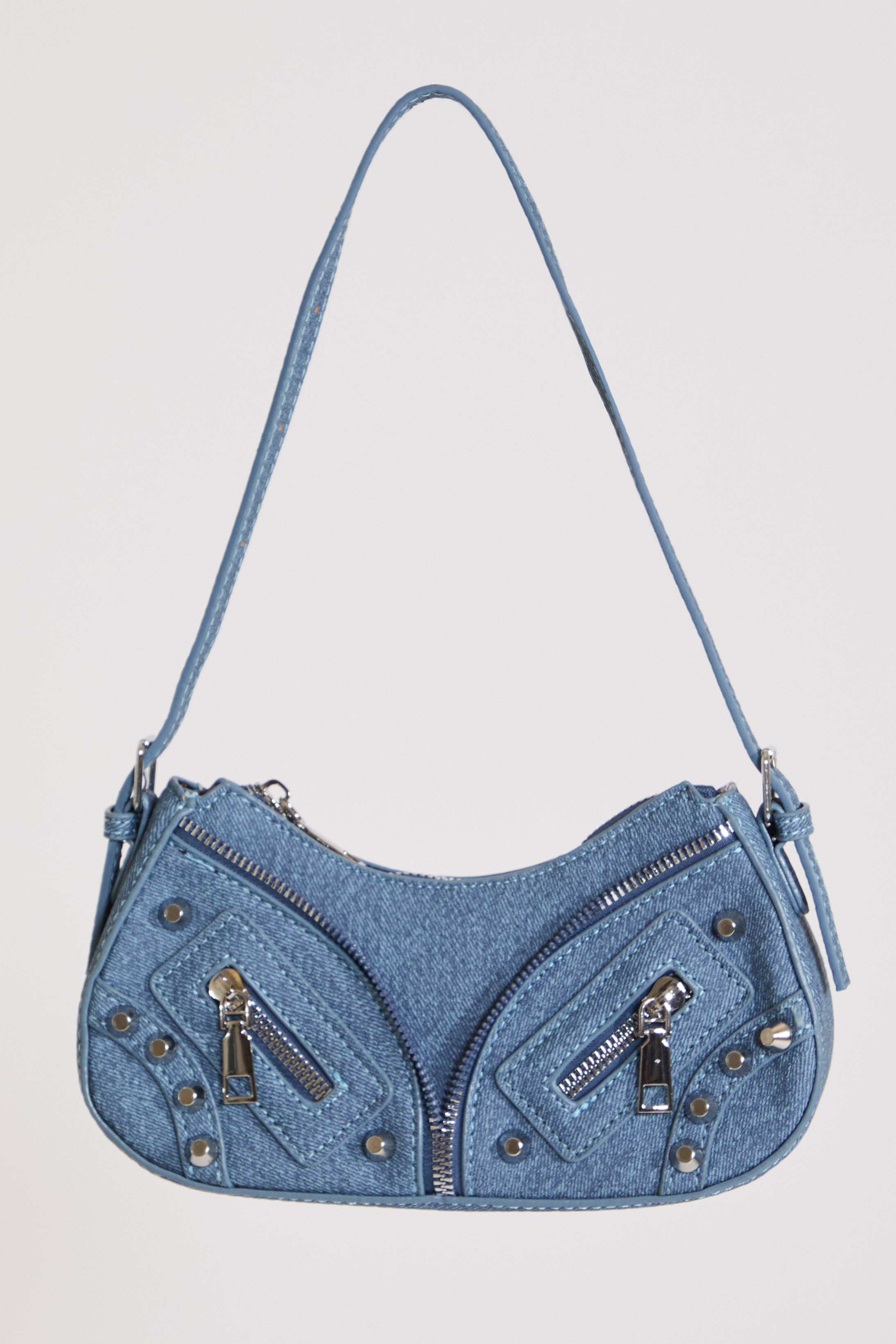 DENIM MULTI ZIPPER TWO STRAP SMALL BAG