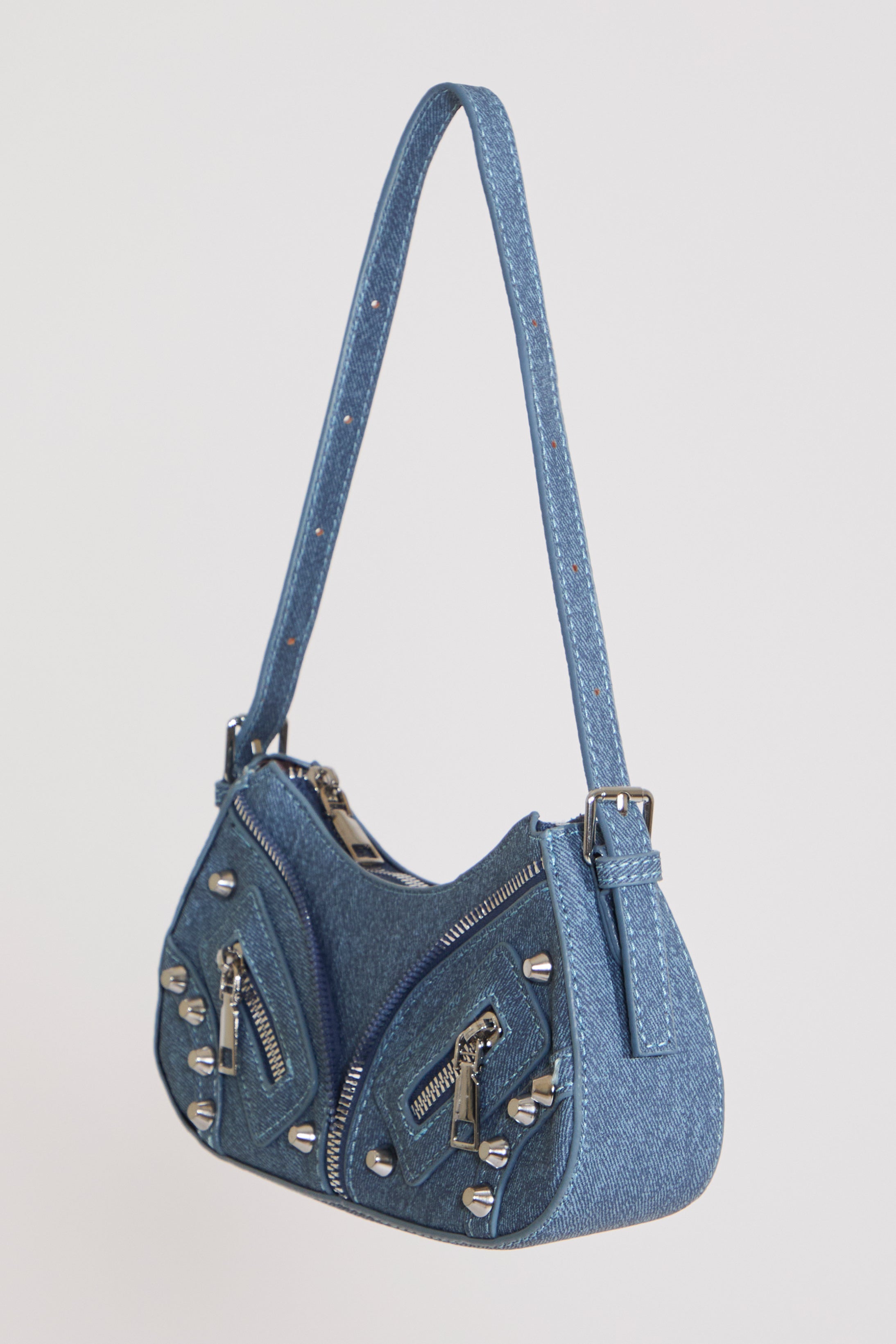 DENIM MULTI ZIPPER TWO STRAP SMALL BAG