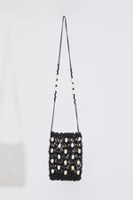 Black SHELL EMBELLISHED WOVEN DRAWSTRING BAG on a white background.