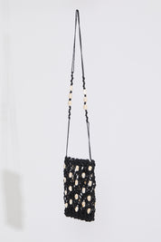 Black SHELL EMBELLISHED WOVEN DRAWSTRING BAG on a white background.