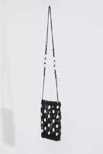 Black SHELL EMBELLISHED WOVEN DRAWSTRING BAG on a white background.