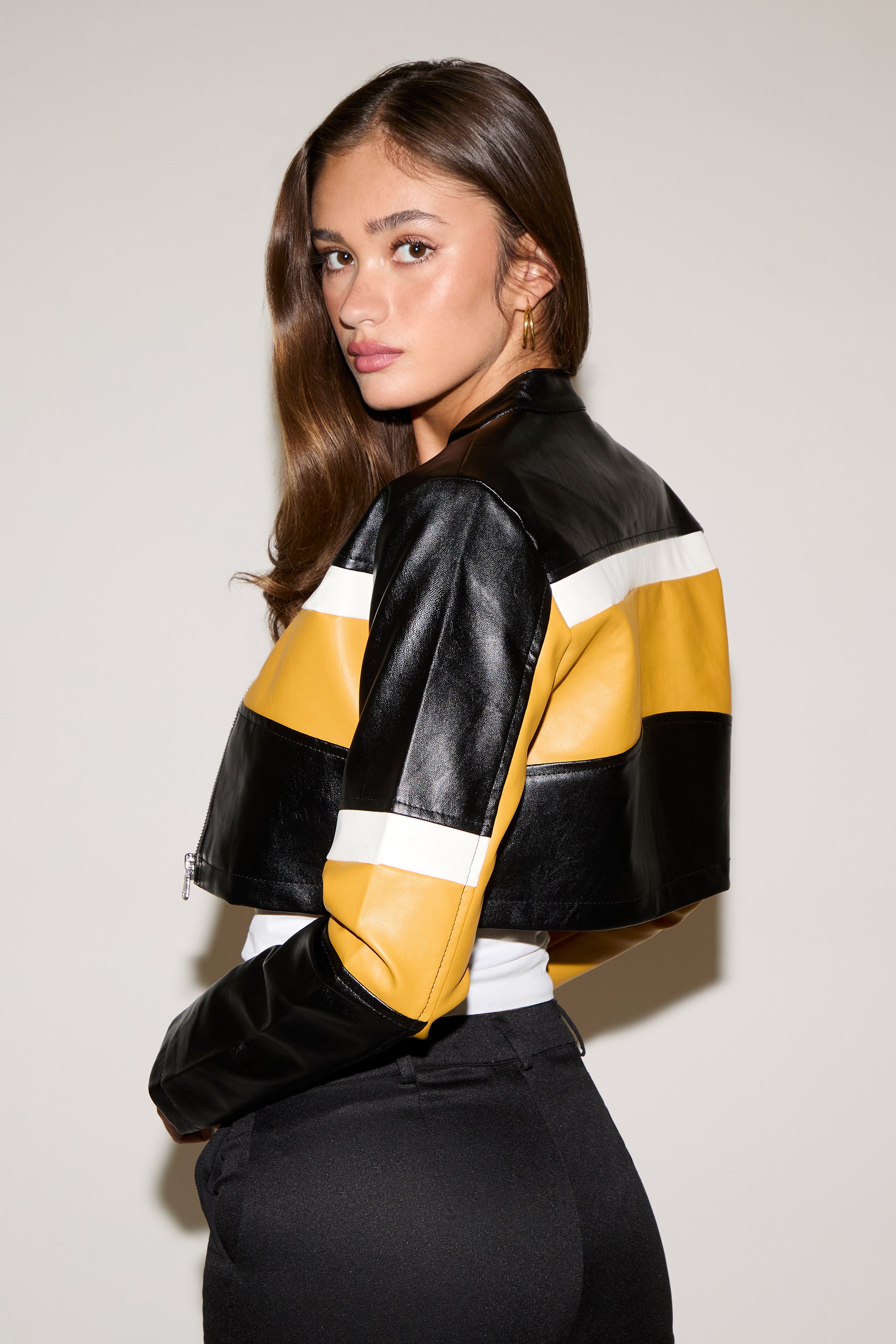 ZIP FRONT MANDARIN COLLAR VEGAN LEATHER COAT WITH STRIPES