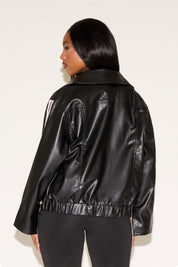 ELASTIC WAIST COLLARED ZIP UP VEGAN LEATHER JACKET WITH BOW DETAIL