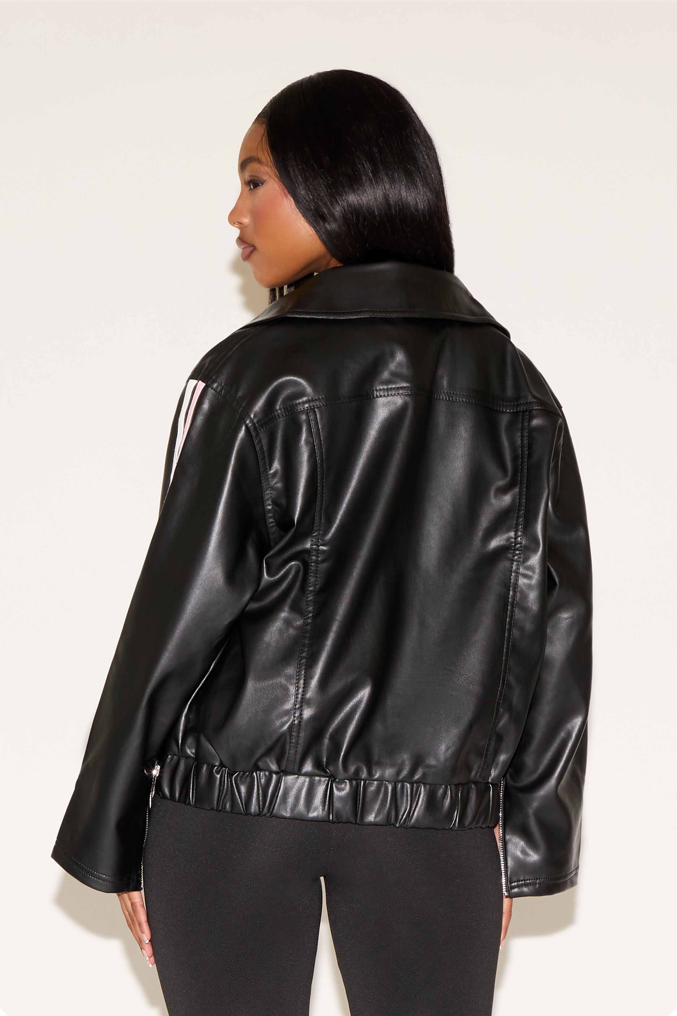 ELASTIC WAIST COLLARED ZIP UP VEGAN LEATHER JACKET WITH BOW DETAIL