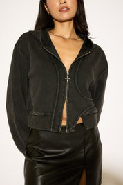 CURVY SEAM DETAIL ZIP UP HOODED SWEATSHIRT