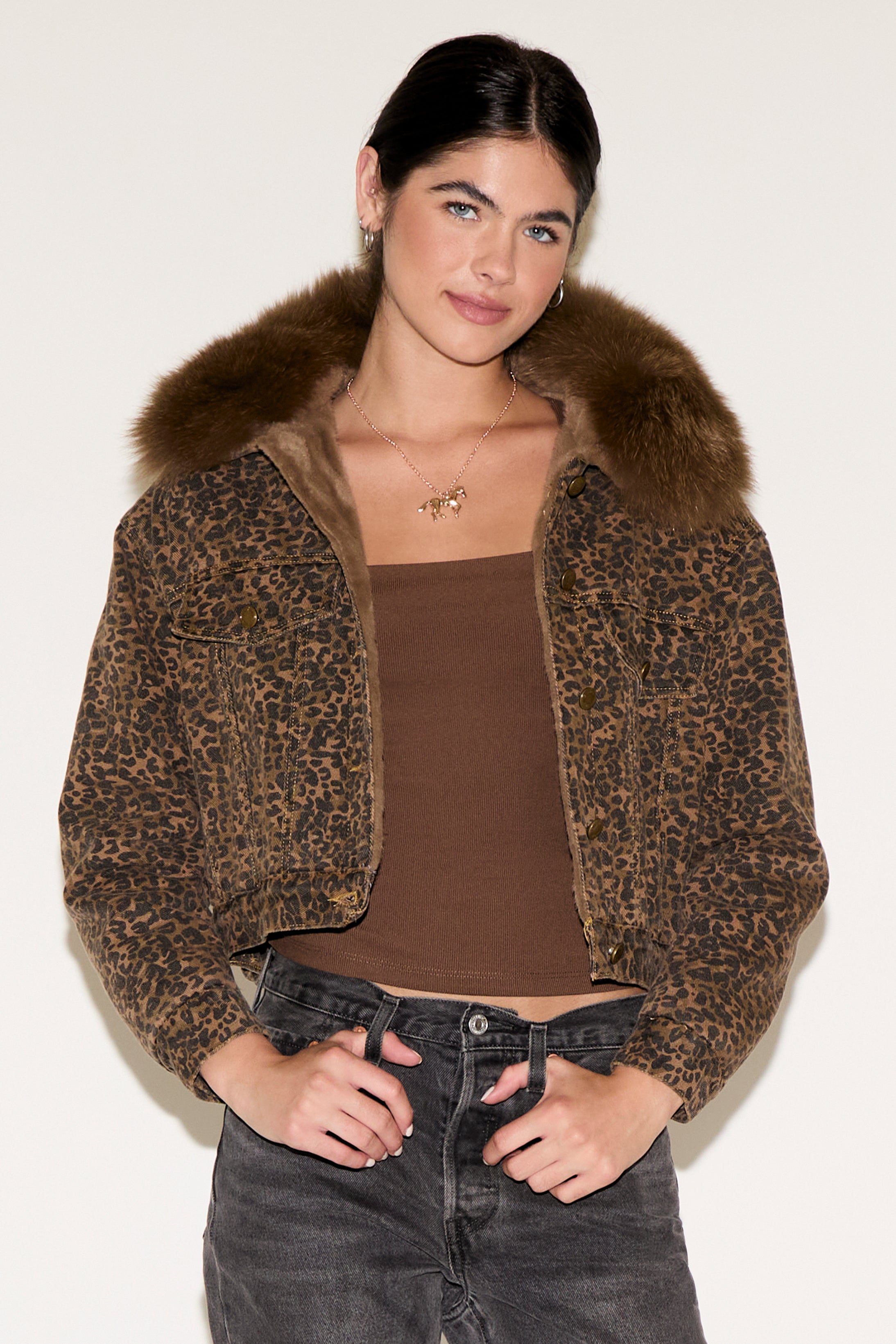 LEOPARD PRINT DENIM JACKET W FUR COLLAR & LINING