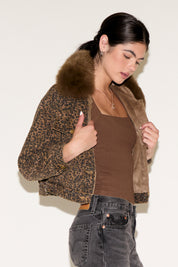 LEOPARD PRINT DENIM JACKET W FUR COLLAR & LINING