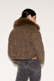 LEOPARD PRINT DENIM JACKET W FUR COLLAR & LINING