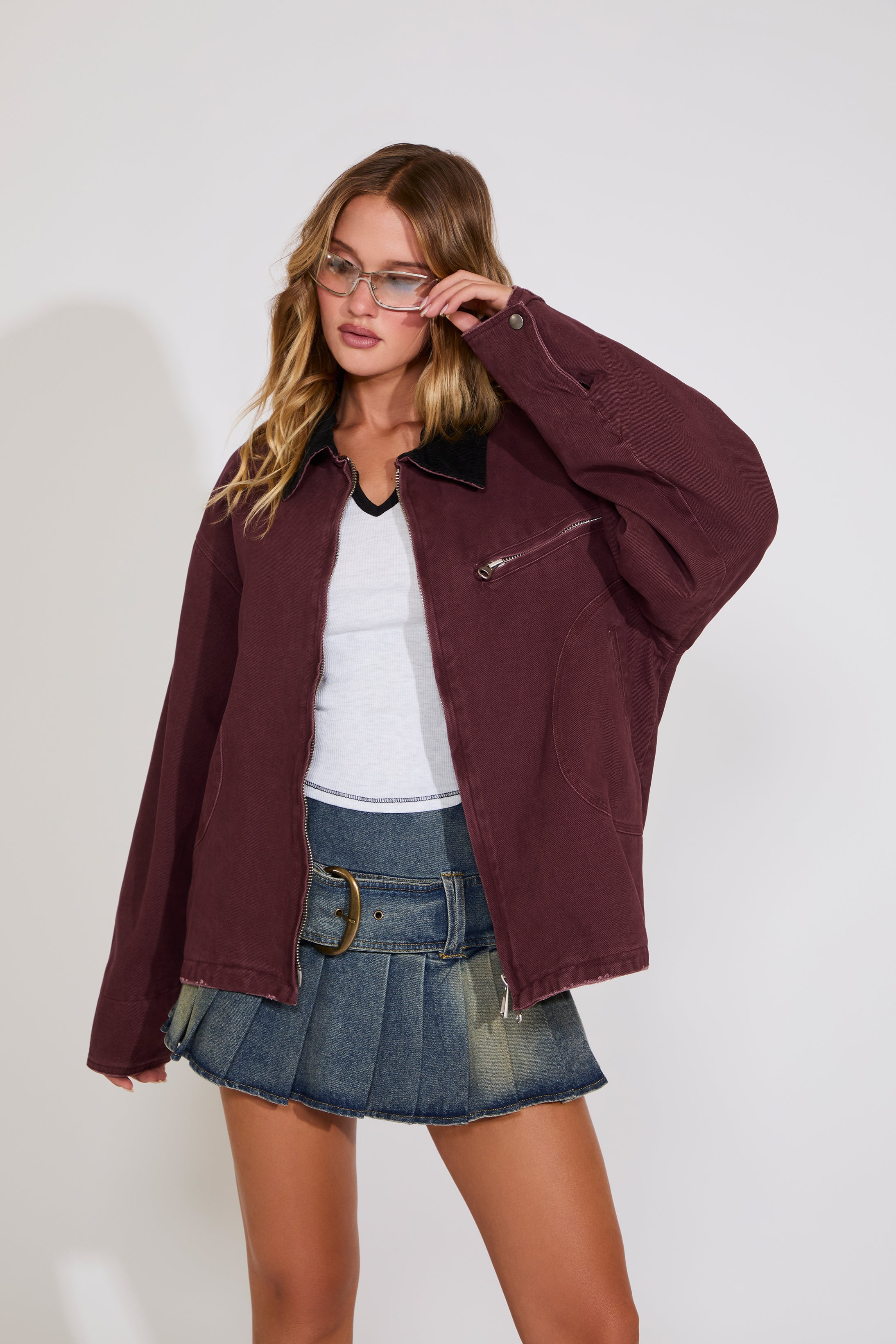 CONTRAST COLLAR MULTI POCKET CANVAS COAT