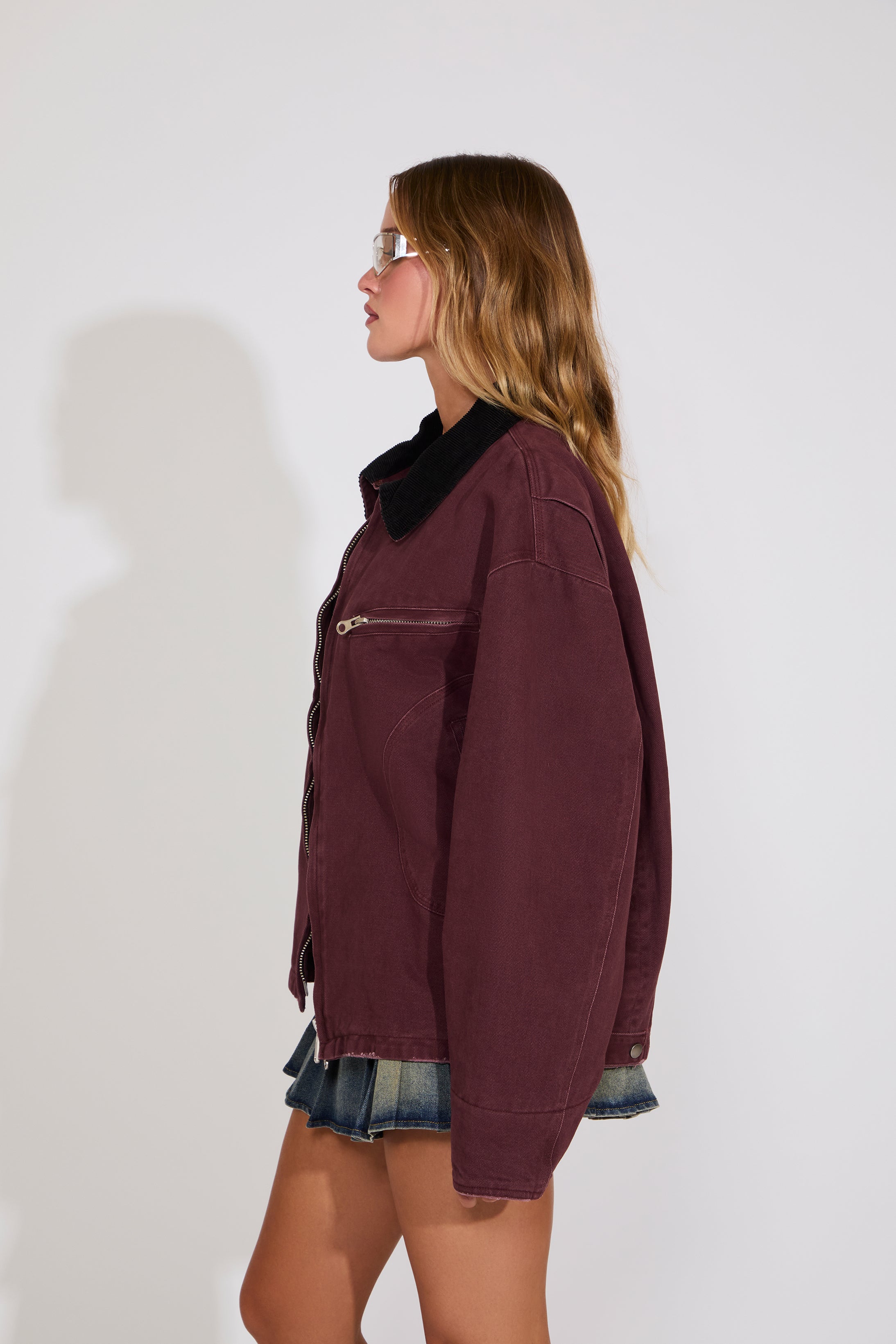 CONTRAST COLLAR MULTI POCKET CANVAS COAT